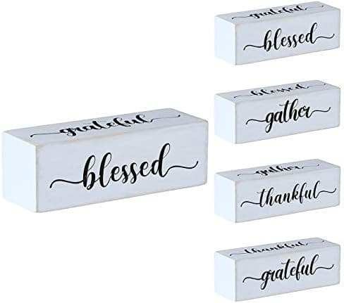 "Blessed Gather Thankful Grateful" Four-Sided Wood Block Sign