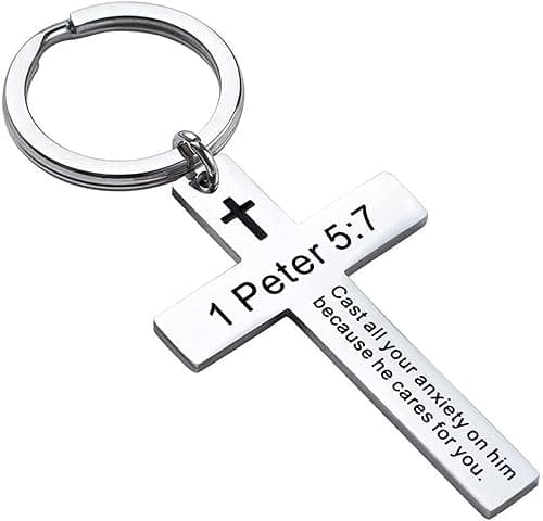 Cross Keychain with 1 Peter 5:7 Bible Verse, Stainless Steel