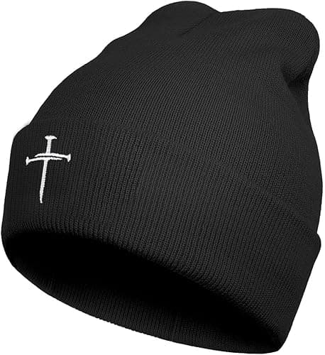 Christian Cross Embroidered Knit Beanie (Black)